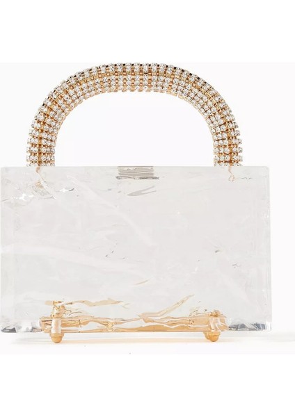 Mini Leon Crushed Ice Akrilik Çanta Kristal Saplı Lüks El Çantası