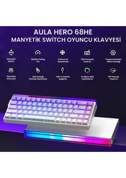 HERO 68 He Manyetik Klavye Rapid Trigger Dragon King Switch 8000Hz Rgb Neon Tkl Hot Swap Oyuncu Klavyesi Mor fiyatları