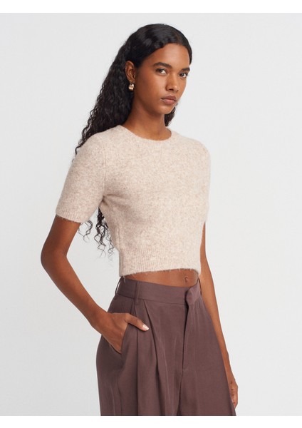 10651 Bisiklet Yaka Yumuşak Dokulu Kısa Kol Triko Kazak-Bej Melanj