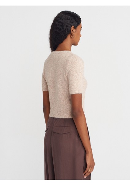 10651 Bisiklet Yaka Yumuşak Dokulu Kısa Kol Triko Kazak-Bej Melanj fiyatları