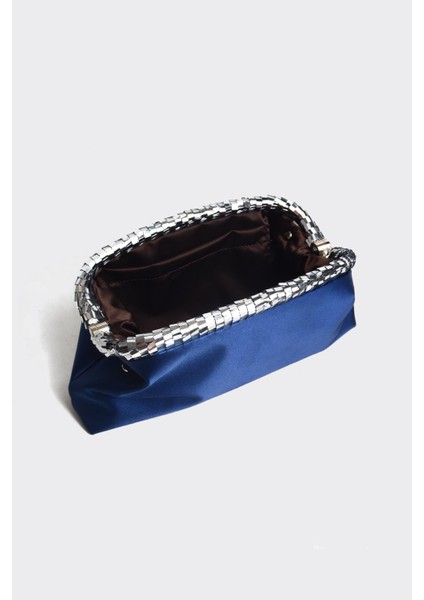 Lacivert Saten Gümüş Payet Detaylı Clutch Abiye Çanta indirimleri