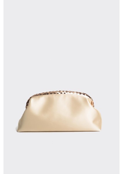 Bej Saten Gold Payet Detaylı Clutch Abiye Çanta modelleri
