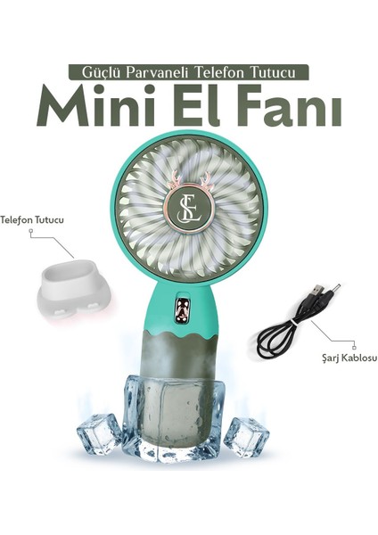 Güçlü Parvaneli Telefon Tutucu Renkli Mini El Fanı Taşınabilir Şarjlı Taşıma Ipli Vantilatör