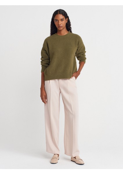 10640 Bisiklet Yaka Yumuşak Dokulu Triko Kazak-Haki fırsatları