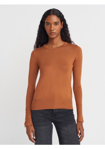 1267 Bisiklet Yaka Kol Ortası Droplu Kazak-Karamel