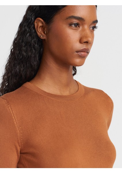 1267 Bisiklet Yaka Kol Ortası Droplu Kazak-Karamel modelleri