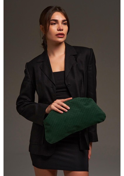 Yeşil Süet Deri Örgü Detaylı Portföy Clutch Çanta modelleri