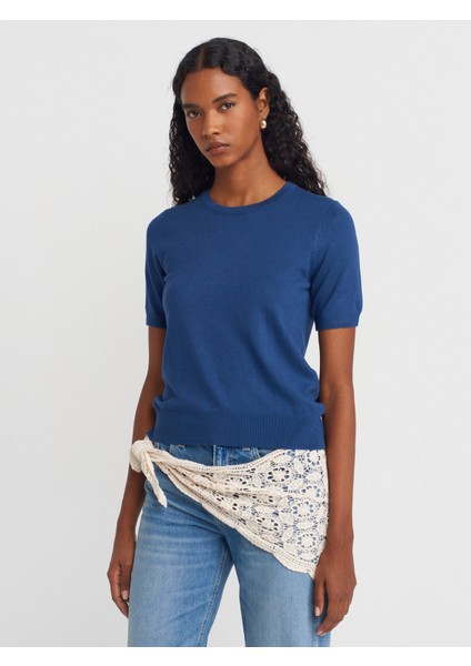 10779 Bisiklet Yaka Kısa Kol Basic Triko Bluz-Indigo