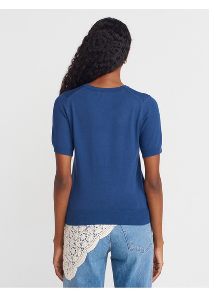 10779 Bisiklet Yaka Kısa Kol Basic Triko Bluz-Indigo fiyatları