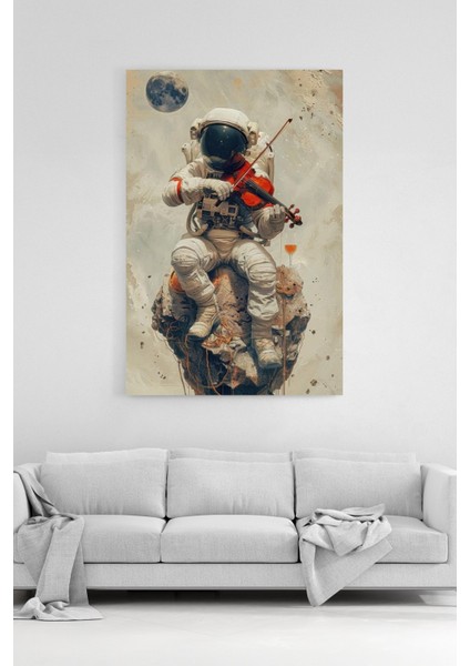 Uzayda Keman Çalan Astronot Kanvas Tablo - Uzay ve Müzik Temalı Modern Sanat - %100 Pamuk