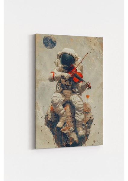 Uzayda Keman Çalan Astronot Kanvas Tablo - Uzay ve Müzik Temalı Modern Sanat - %100 Pamuk fırsatları