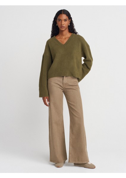 10645 V Yaka Yumuşak Dokulu Triko Kazak-Haki fırsatları