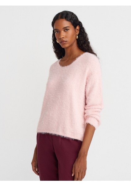 10806 Kayık Yaka Yumuşak Dokulu Triko Kazak-Pudra