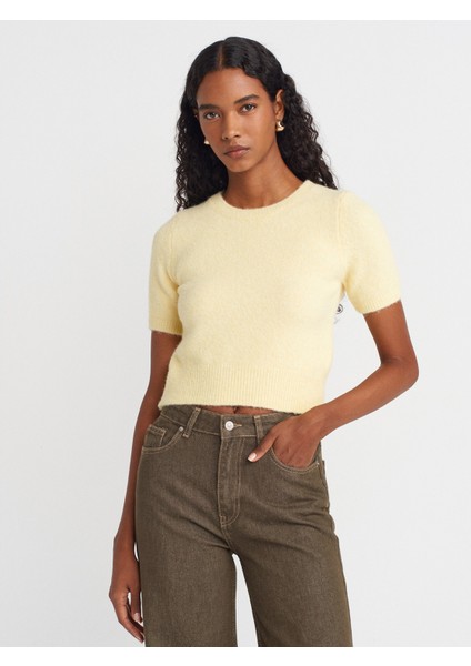 10651 Bisiklet Yaka Yumuşak Dokulu Kısa Kol Triko Kazak-Açık Sarı