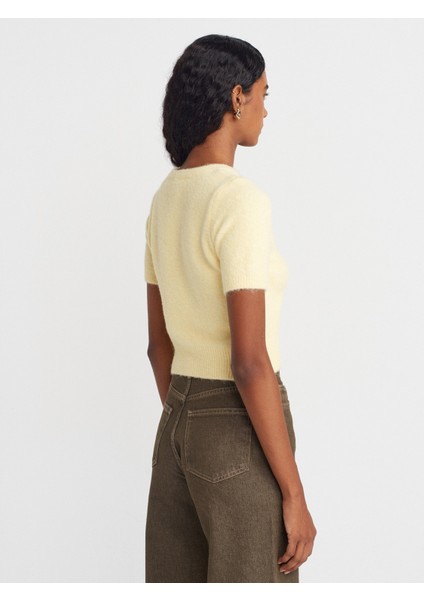 10651 Bisiklet Yaka Yumuşak Dokulu Kısa Kol Triko Kazak-Açık Sarı fiyatları