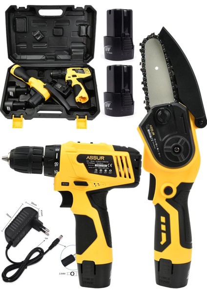 Profesyonel 18V Çift Akülü Vidalama & Ağaç Odun Dal Budama Testeresi 2'li Set