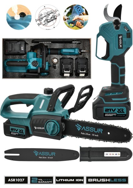 Profesyonel 21V Çift Akülü Şarjlı Ağaç Kesme Budama Hızar Testere ve Dijital Şarjlı Budama Makası