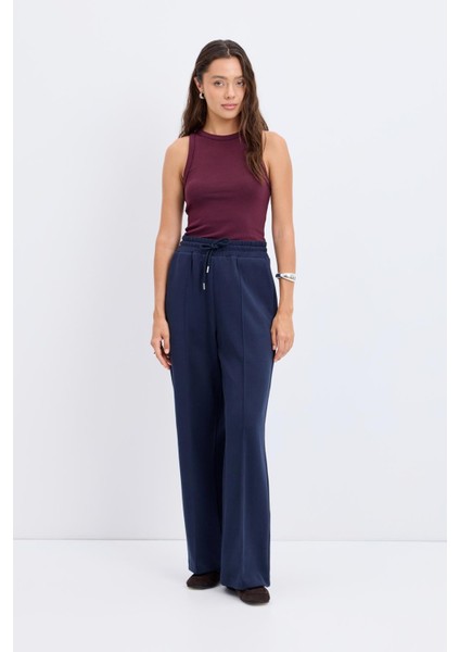 Yüksek Bel Nervür Dikiş Detaylı Pantolon Lacivert