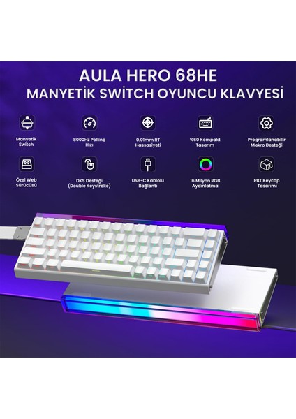 HERO 68 He Manyetik Klavye Rapid Trigger Black King Switch 8000Hz Rgb Neon Tkl Hot Swap Oyuncu Klavyesi Beyaz fiyatları