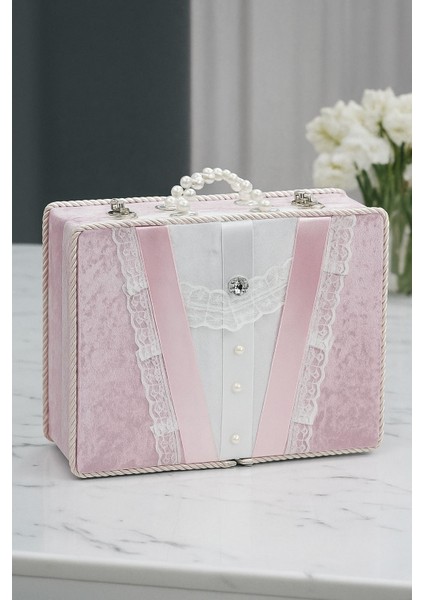 Dantel Süslemeli Inci Kulplu Çeyizlik Gelin Bohça Sandık - Pembe