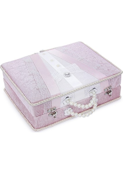 Dantel Süslemeli Inci Kulplu Çeyizlik Gelin Bohça Sandık - Pembe indirimleri