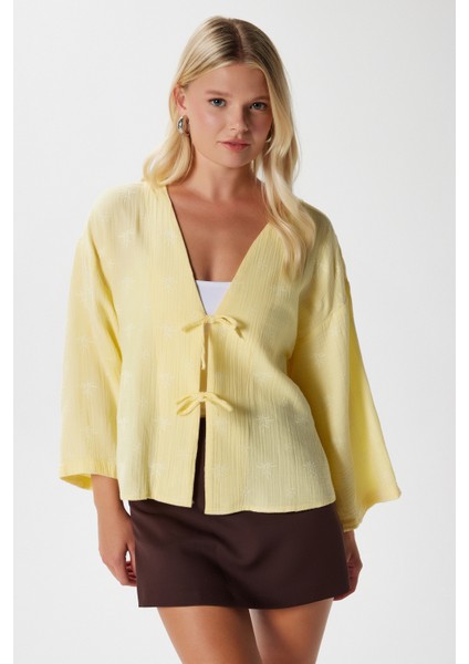 Kadin Flora Müslin Kabartma Dokulu Sarı Kimono