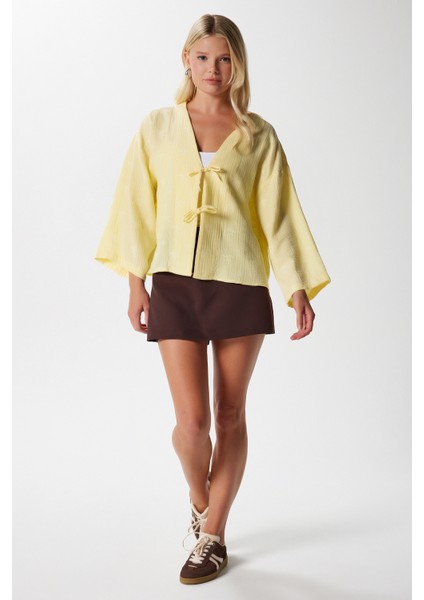 Kadin Flora Müslin Kabartma Dokulu Sarı Kimono modelleri