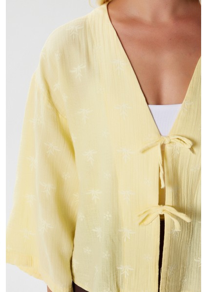 Kadin Flora Müslin Kabartma Dokulu Sarı Kimono indirimleri