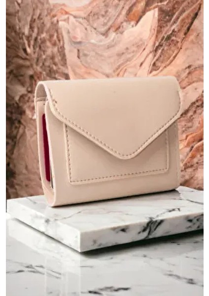 Kadın Yumuşak Derili Şık Krem Cüzdan Kartlık 6 Kartlık ve Fermuarlı Bölme ile