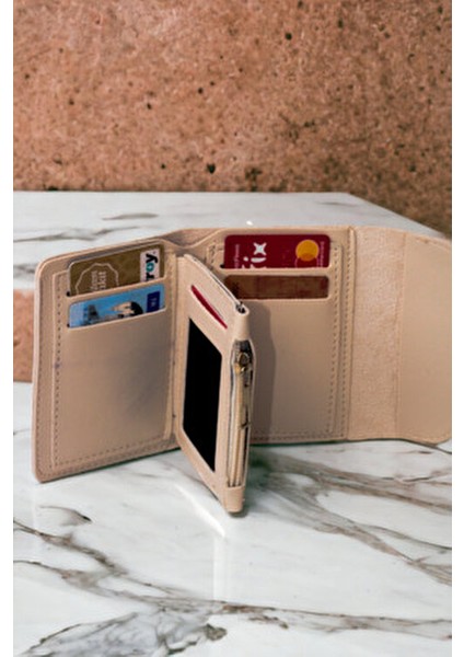Kadın Yumuşak Derili Şık Krem Cüzdan Kartlık 6 Kartlık ve Fermuarlı Bölme ile modelleri
