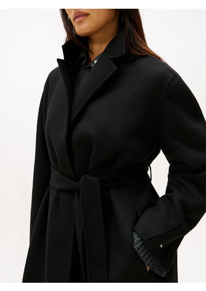 Çift Taraflı Yün Normal Kesim Kemerli Maxi Kadın Mont WW0WW47286BDS fırsatları