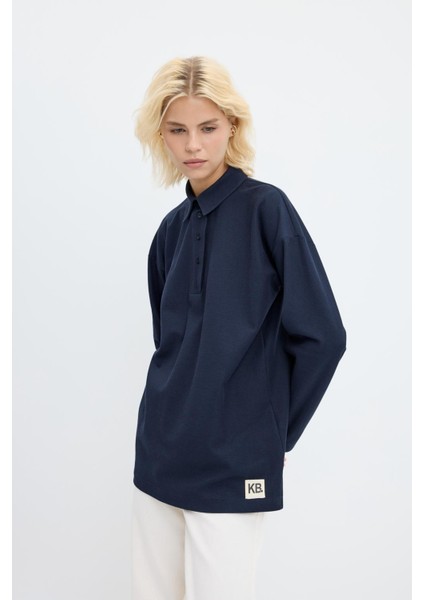 Polo Yaka Yandan Yırtmaçlı Sweatshirt Lacivert