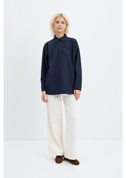 Polo Yaka Yandan Yırtmaçlı Sweatshirt Lacivert fiyatları