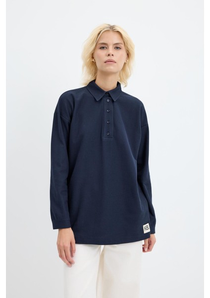 Polo Yaka Yandan Yırtmaçlı Sweatshirt Lacivert modelleri