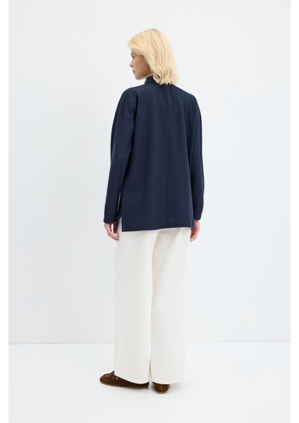 Polo Yaka Yandan Yırtmaçlı Sweatshirt Lacivert fırsatları