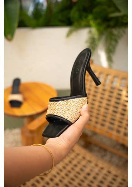 Stride Siyah Hasır Detaylı Kadın Topuklu Terlik