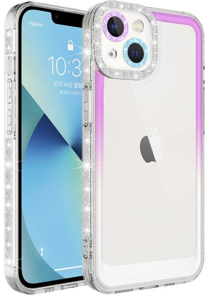 iPhone 14 Plus Uyumlu Simli ve Renk Geçiş Tasarımlı Lens Korumalı Ecrz Park Kapak-Mor-Beyaz