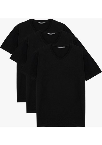 Slim Fit Kısa Kollu Pamuklu Basic V Yaka 3'lü Tişört Seti