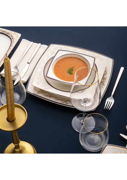 Bade Cobalt 60 Parça 12 Kişilik Kare Yemek Takımı Fine Bone