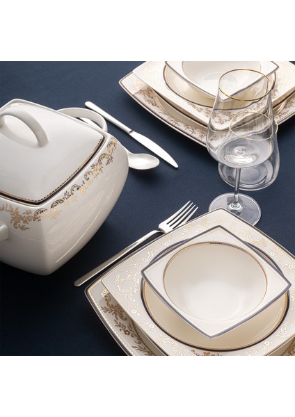 Bade Cobalt 60 Parça 12 Kişilik Kare Yemek Takımı Fine Bone