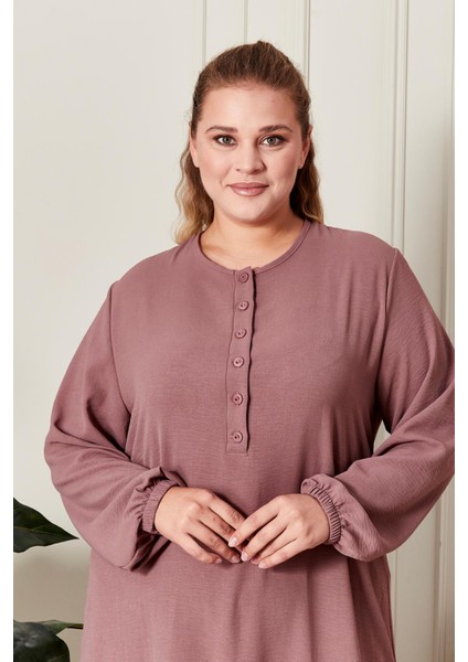 Kadın Büyük Beden Düğmeli Babanne Elbisesi modelleri