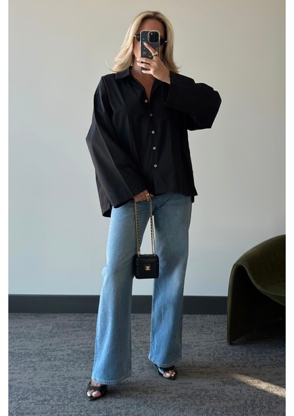 Siyah Oversize Gömlek - 4952