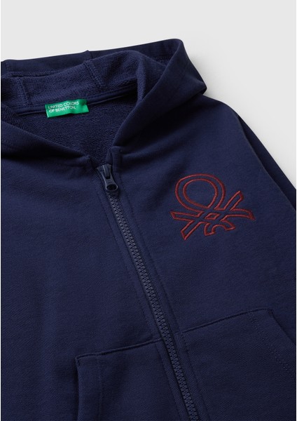 Erkek Çocuk Lacivert Önü Logo Baskılı Fermuarlı Kapüşonlu Sweatshirt modelleri