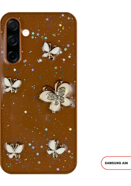 Samsung Galaxy A36 Uyumlu Kelebekli Taşlı Simli Kalpli Wish Silikon Telefon Kılıfı