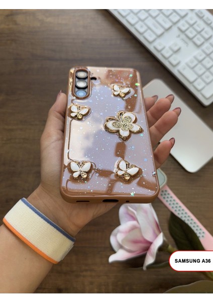 Samsung Galaxy A36 Uyumlu Kelebekli Taşlı Simli Kalpli Wish Silikon Telefon Kılıfı fiyatları