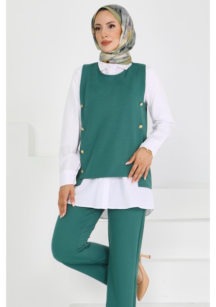 Düğme Detaylı Zümrüt Süveter Tesettür Pantolon Takım -27613