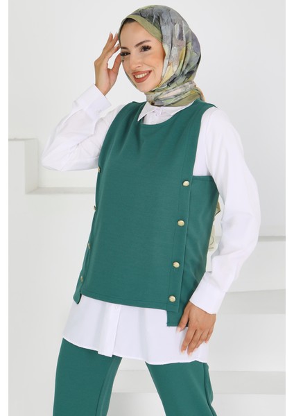 Düğme Detaylı Zümrüt Süveter Tesettür Pantolon Takım -27613 modelleri