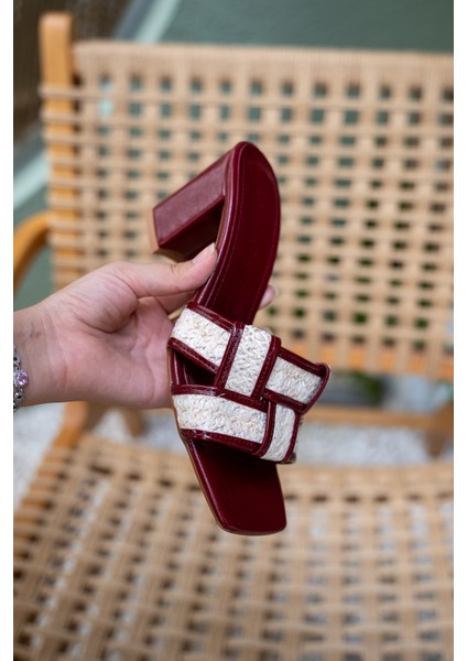 Amara Bordo Örme Hasır Detaylı Kadın Topuklu Terlik