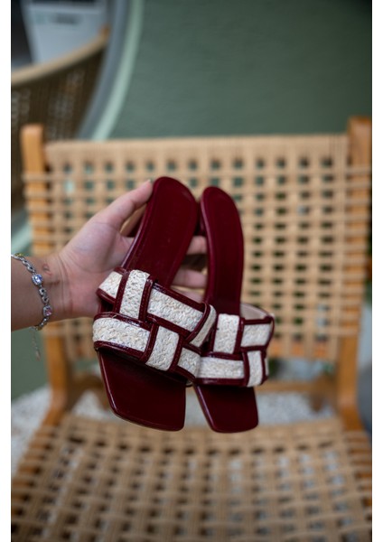 Amara Bordo Örme Hasır Detaylı Kadın Topuklu Terlik fiyatları