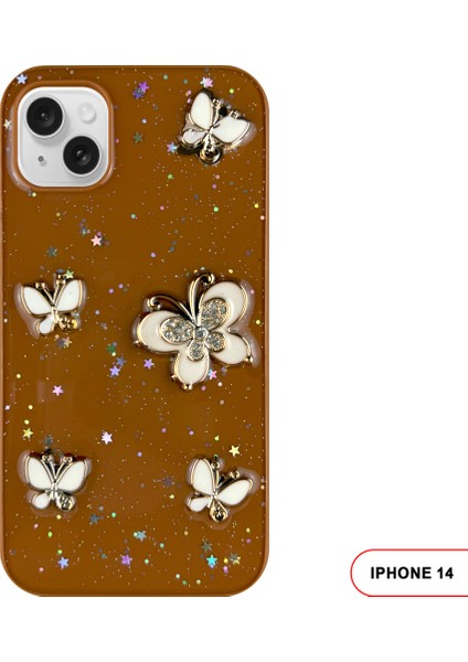 iPhone 14 Uyumlu Kelebekli Taşlı Simli Kalpli Wish Silikon Telefon Kılıfı